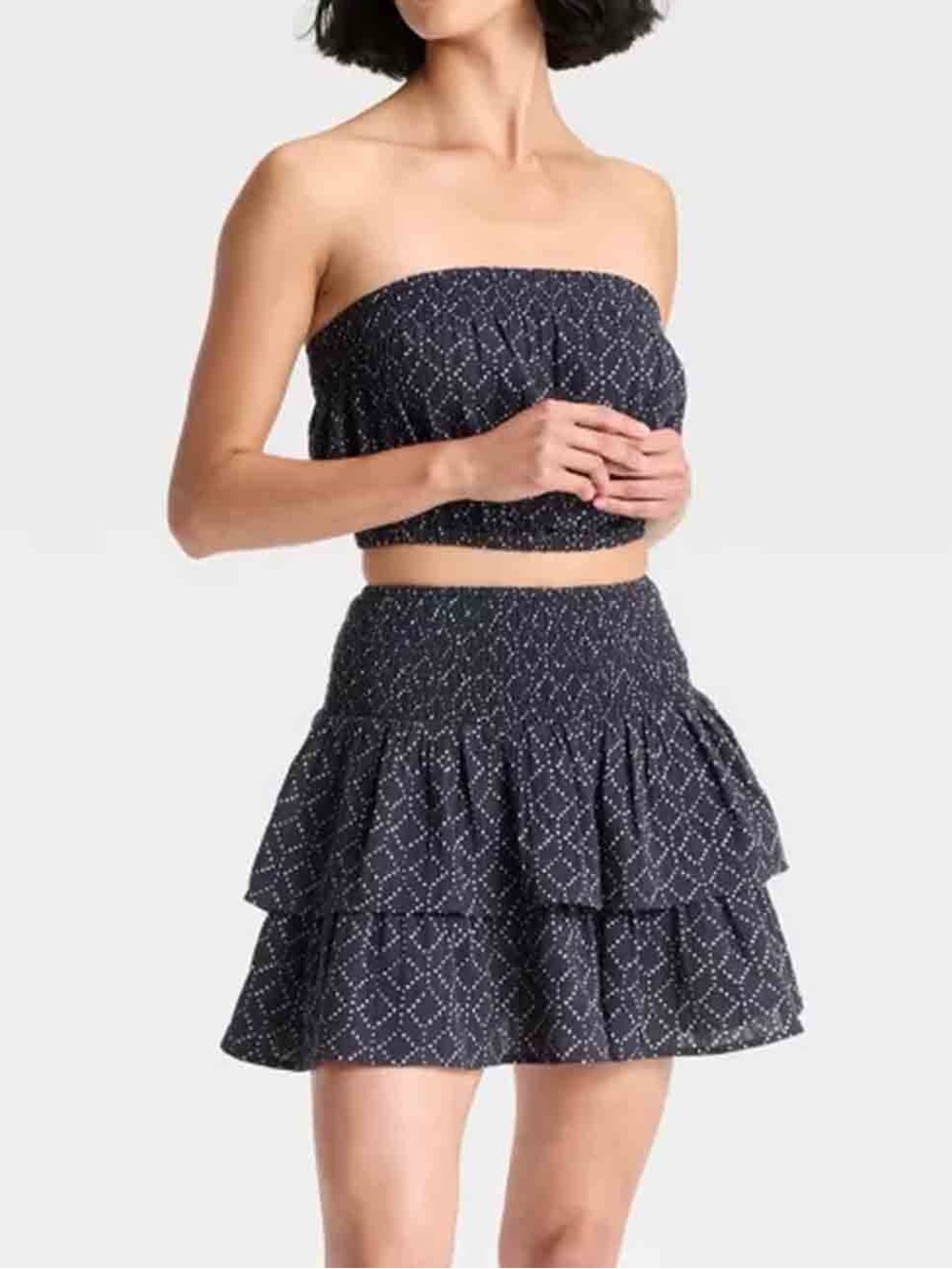 Universal thread geometric Smocked Tiered Mini Skirt Navy Diamond Print M